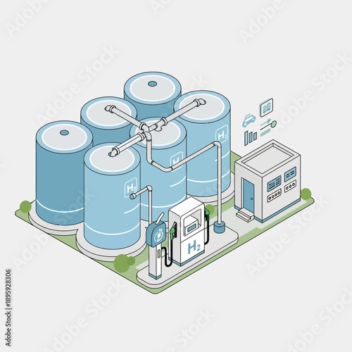 Isometric illustration of a hydrogen production and storage facility with a refueling station.