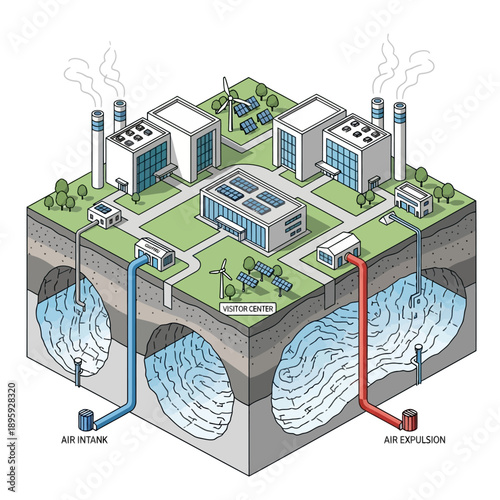 Isometric illustration of a geothermal power plant with underground water reservoirs.