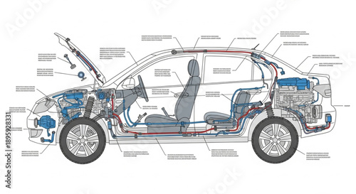 Detailed Car Interior and Engine Anatomy Diagram.