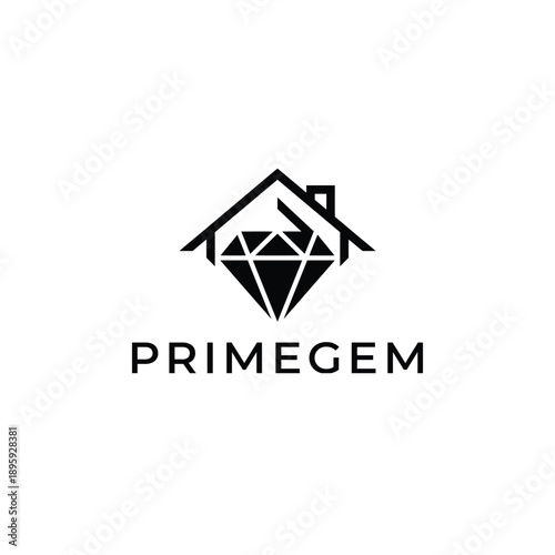 Professional house roof and diamond jewel icon logo for luxury real estate or property investment agency branding named Primegem