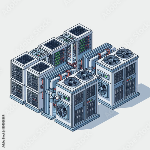 Isometric illustration of a large industrial air conditioning system with multiple units and visible piping.