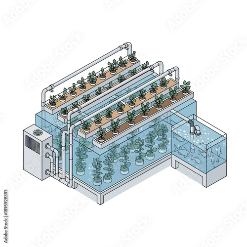 Isometric illustration of a modern aquaponics system for sustainable food production.