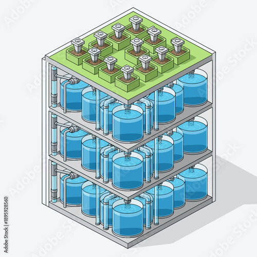 Isometric illustration of a modular liquid storage and dispensing system.