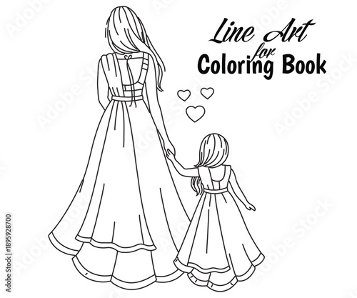Happy Mother's Day Mother and Daughter Holding Hands – Line Art for Coloring Book