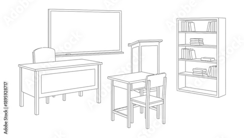 Empty Classroom Outline: An empty classroom setup with desk, chair, blackboard, book shelf waiting for study and classes to begin. 