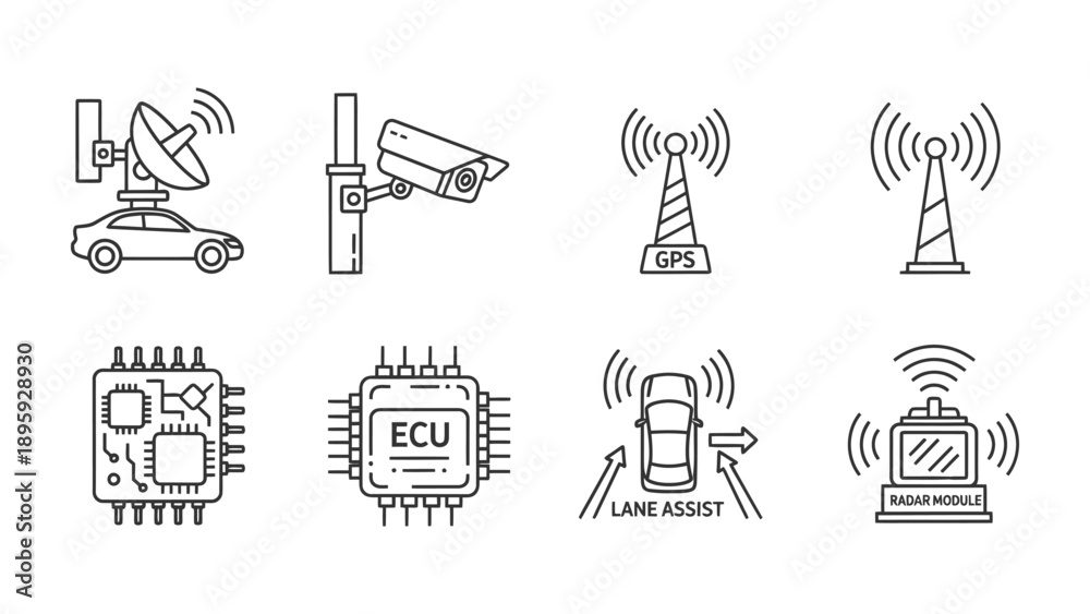 Obraz premium Connected World: Line icons of technology and automation components, including satellite dish, surveillance camera, cell tower, microchip, car and system of car.