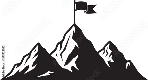 Black silhouette of a mountain range with a flag on the highest peak summit