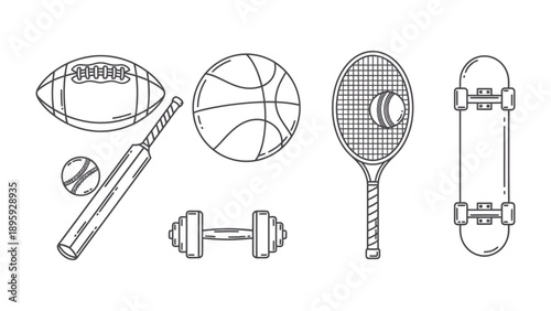 Sports Equipment Lineup: A curated selection of sports equipment, each item precisely depicted in a clean, line art style, showcasing the tools of various athletic pursuits.
