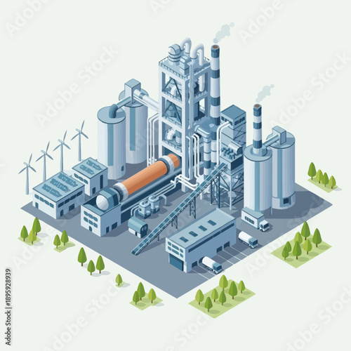 Isometric Industrial Cement Plant with Wind Turbines and Trucks.