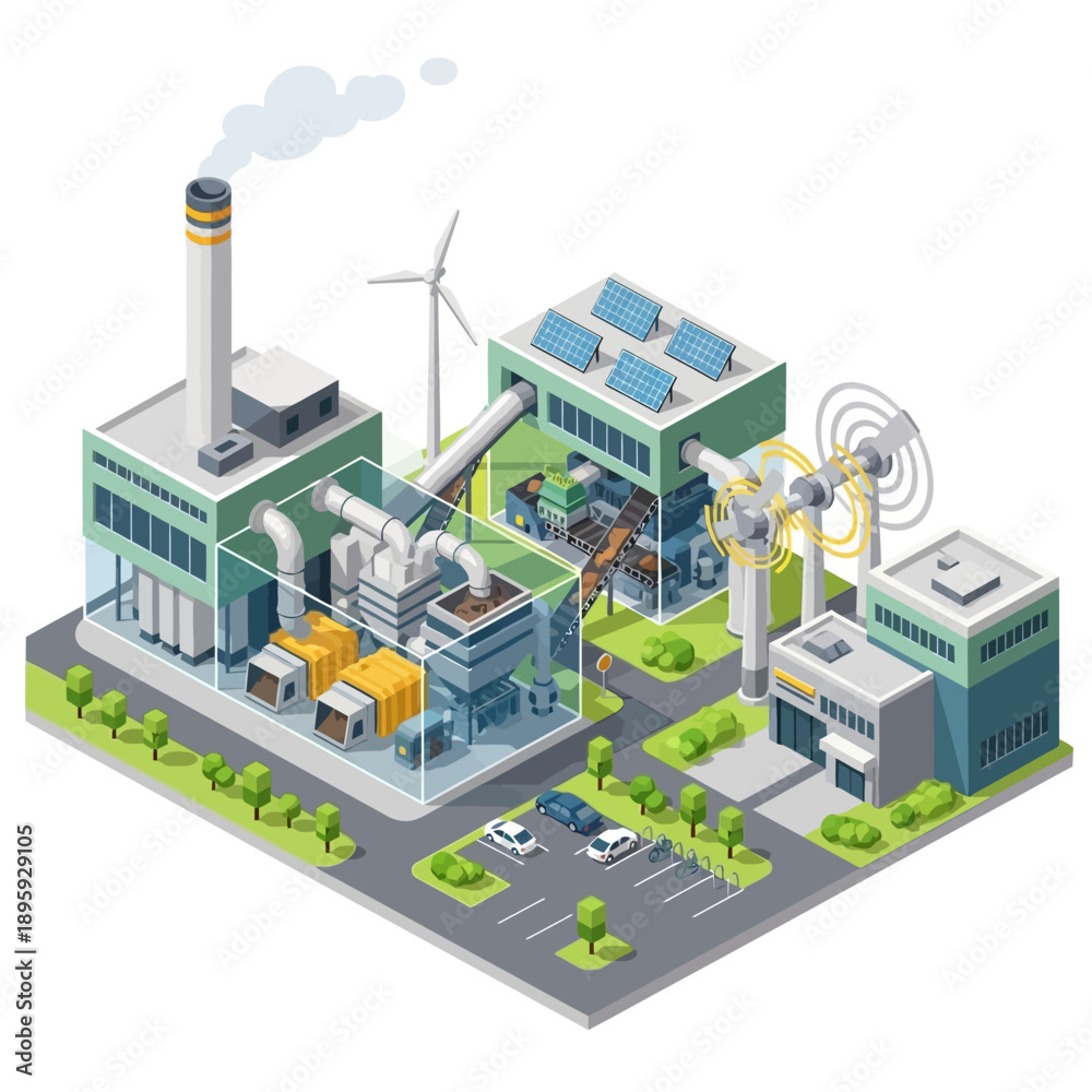 Obraz premium Isometric Industrial Complex with Renewable Energy Sources and Waste Management.