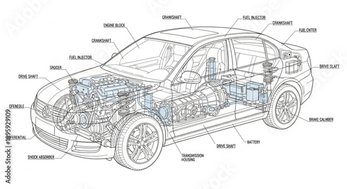 Detailed Diagram of a Car Engine and Chassis Components.