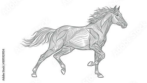 Anatomical Horse Illustration: A detailed black and white illustration meticulously depicts the muscular anatomy of a horse, showcasing its form and structure.