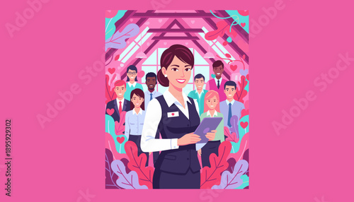 Professional woman leading a diverse smiling business team in a vibrant loving work environment