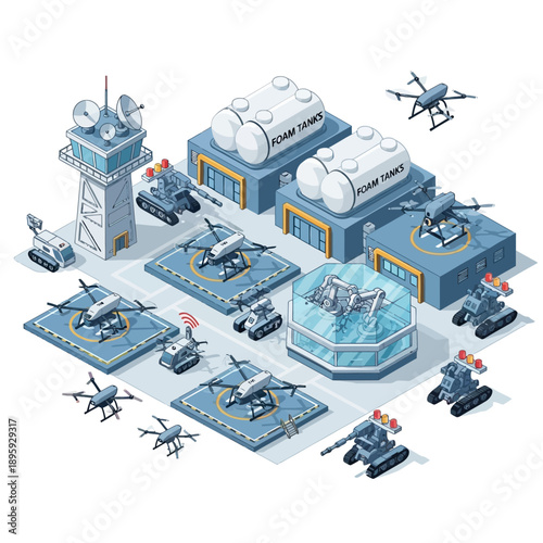 Isometric Military Base with Aircraft, Tanks, and Radar Tower.