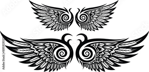 Decorative angel wings illustration set featuring symmetrical tribal swirl patterns isolated black winged emblem tattoo style design collection