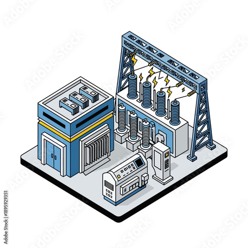 Isometric Power Substation with Electrical Equipment and Control Building.