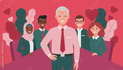 Diverse smiling business team and senior leader demonstrating unity and professional support Illustration