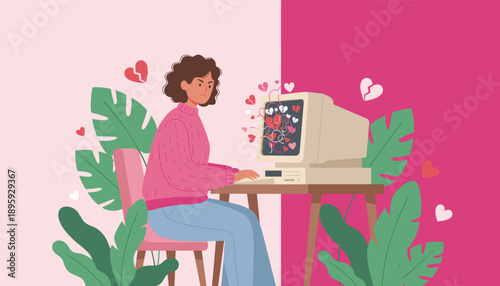 Heartbreak online Upset woman looks at broken hearts pouring from a vintage computer monitor