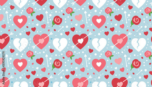 Romantic seamless pattern featuring hearts broken hearts Cupid arrows and roses on a light blue background