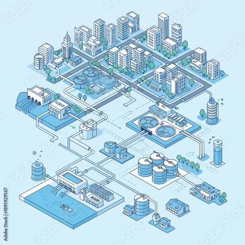 Isometric Smart City with Water Treatment and Energy Infrastructure.
