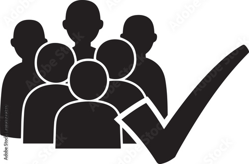 Group of people with a large black checkmark symbol tick