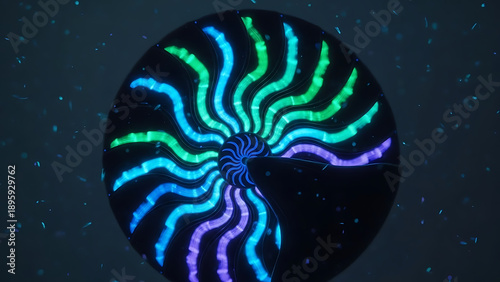 This striking image features a glowing, logarithmic spiral pattern resembling a nautilus shell cross-section. The spiral lines are illuminated by vibrant points of light, transitioning in color from b