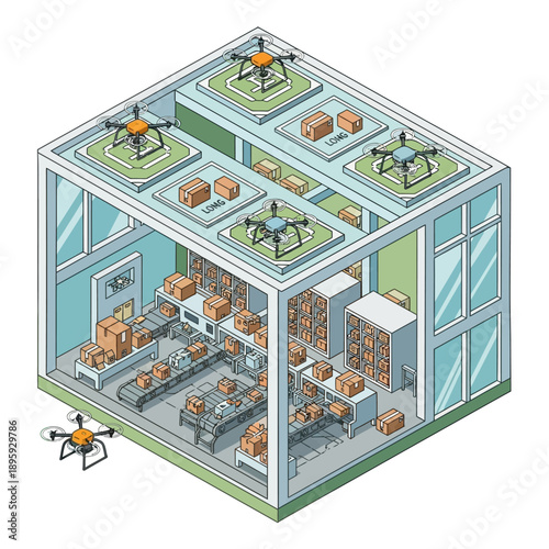 Isometric view of a modern drone delivery warehouse with automated systems.