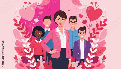 Female leader and diverse team smiling amidst pink hearts representing business appreciation and inclusion