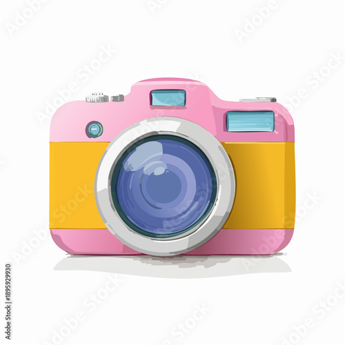 Photo camera 3d render illustration. Pink and yellow compact digital photocamera with lens and flash.