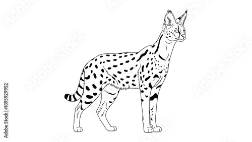 Graceful Savannah Cat in Profile: A meticulously detailed outline of a majestic Savannah cat, showcasing its elegant posture and distinctive spotted coat.