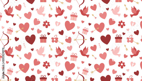 Romantic holiday pattern with pink and red hearts bows and lovebirds on a white background