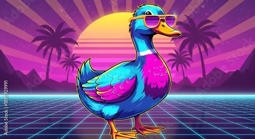 Cool blue and pink duck wearing sunglasses against a vibrant retro sunset and neon grid, embodying 80s summer vibes.