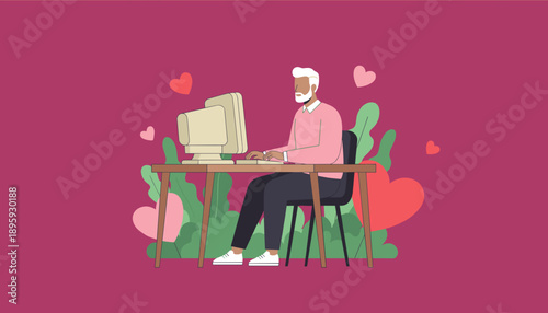 Senior man online dating or connecting digitally with love hearts