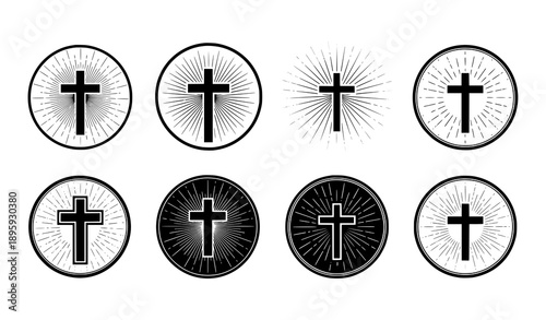 Christian cross and sunburst vector icons for faith branding