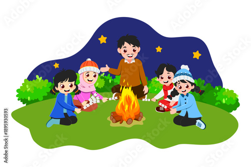 Happy family camping at night, parents and children roasting marshmallows around campfire outdoors illustration