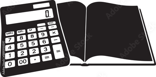 Calculator and open book vector silhouette illustration for finance accounting education concept