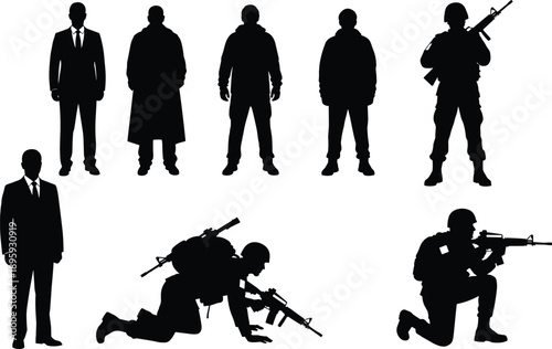 Military soldier silhouette set armed forces personnel isolated on white background combat security illustration collection tactical defense army patrol operations