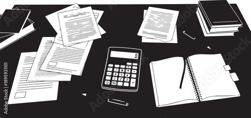 Overhead desk view silhouette with calculator and notebook and legal documents vector art