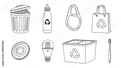 Eco-Friendly Collection: An array of sustainable items showcases responsible environmental practices, from reusable shopping bags to energy-efficient light bulbs.