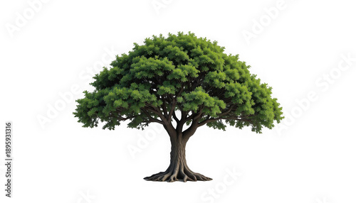 Majestic broadleaf tree with dense green foliage and strong visible roots captured perfectly on transparent background