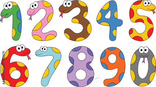 Cartoon Snake Numbers Vector Set 09  Fun Animal Math Illustration