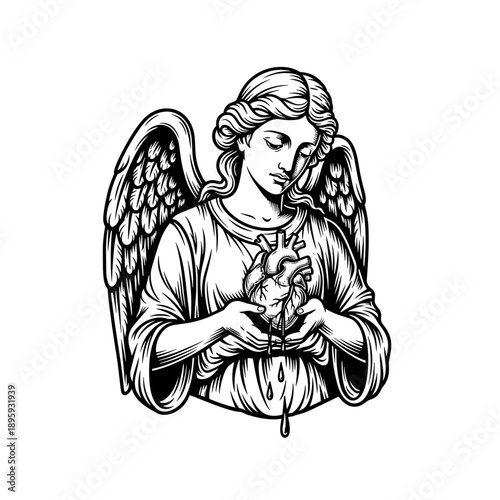 Angel holding a bleeding human heart in monochrome.