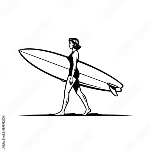 Vintage Woman Walking With Surfboard Illustration.