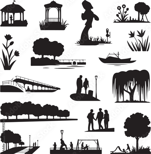 black silhouettes of people and nature scenes on white background