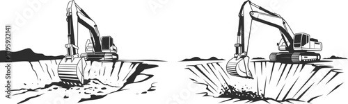 Excavator Digging Trench Construction Line Art Illustration.