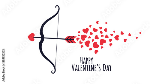 Stylized bow and arrow with a heart tip releasing a flurry of small red hearts as a symbol of love for Valentine's Day celebrations.