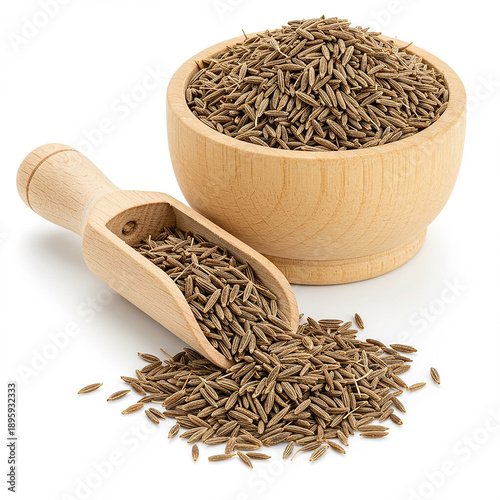 Cumin dry seeds with wooden Bowl and wood scoop with white background.