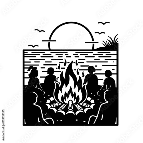 People gathered around a campfire at sunset near the water.