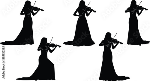 Violinist silhouette set isolated on white background classical music performer woman playing violin elegant concert illustration collection