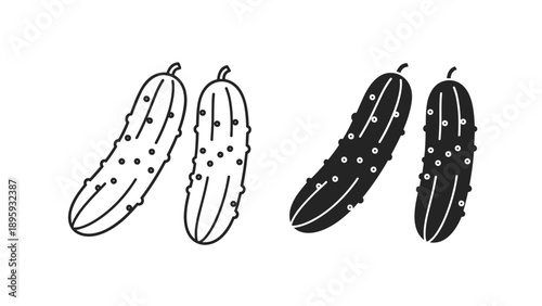 Minimalist icons of two cucumbers shown in both outline and solid silhouette styles on a plain white background for food related designs.